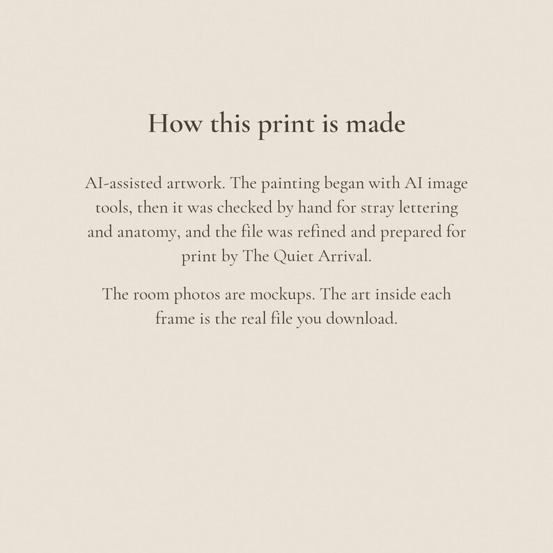 Note explaining the artwork is AI-assisted, checked by hand, and the room photos are mockups with the real file inside