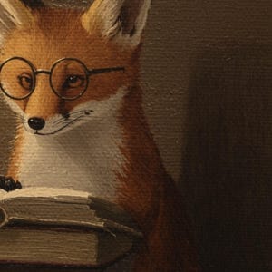 Close-up detail shown at full print scale: a red fox in round wire-rimmed glasses, the fine fur and whiskers, and the edge of an open book.