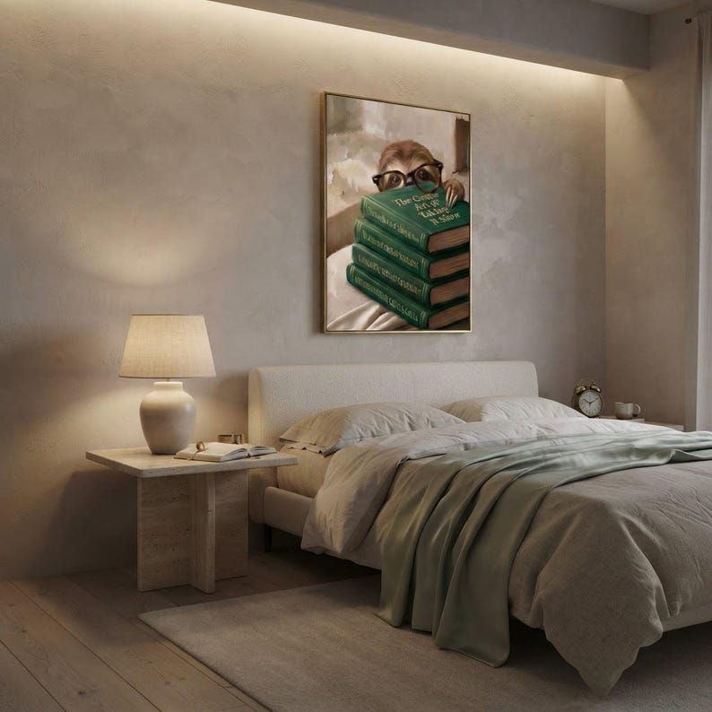 Sloth peeking over books art print framed on a textured plaster bedroom wall above linen bedding in soft morning light
