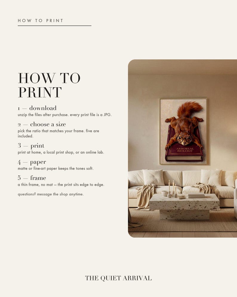 How to print card: download and unzip, choose the ratio that fits your frame, print at home or at a print shop, and framing and paper tips.