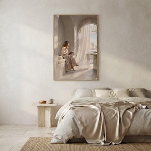 The you can stay here print framed on the wall of a styled neutral room, showing how it sits in a real interior. neutral printable wall art, minimalist home decor, Japandi style, calm living room and bedroom decor, slow living digital download.