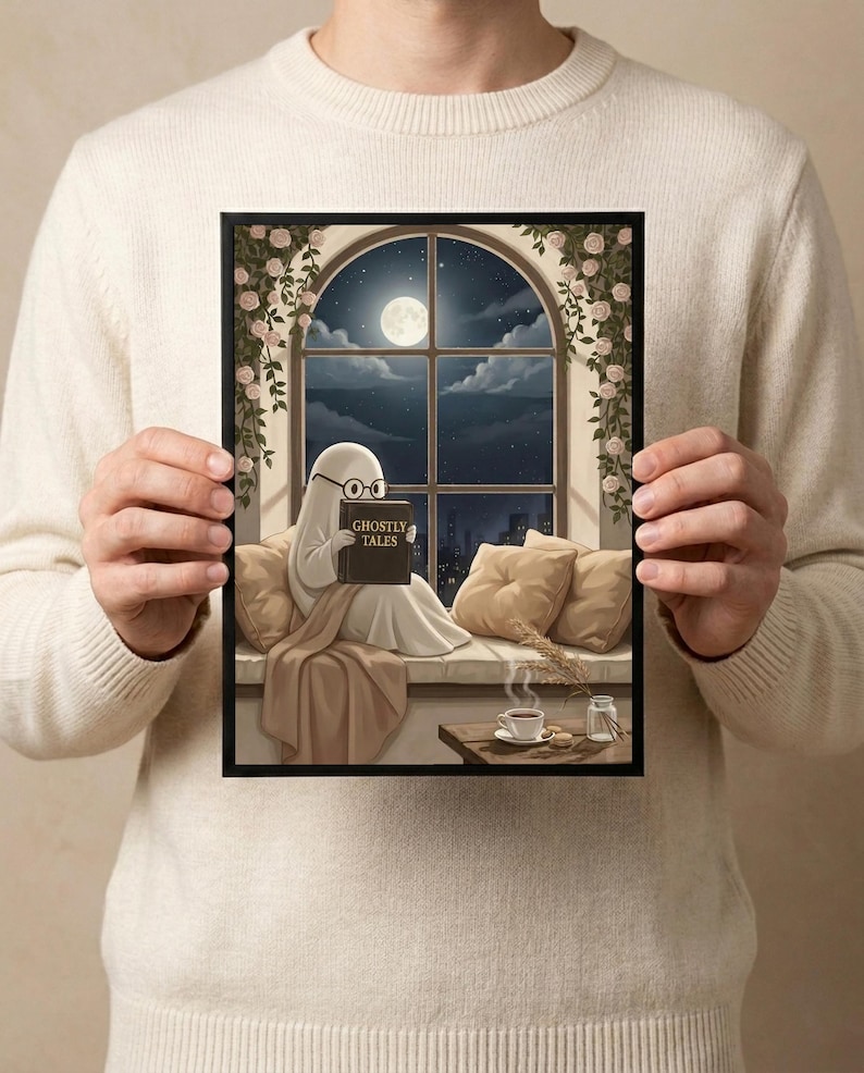 The window seat coffee ghost reading print held in both hands by a person in a cream sweater, showing its scale