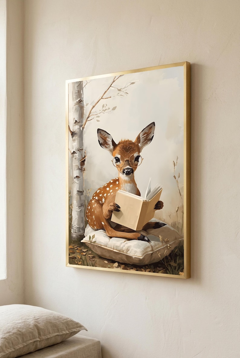 Framed woodland nursery print of a fawn in round glasses reading a book, hanging on a soft white plaster wall in a slim gold frame