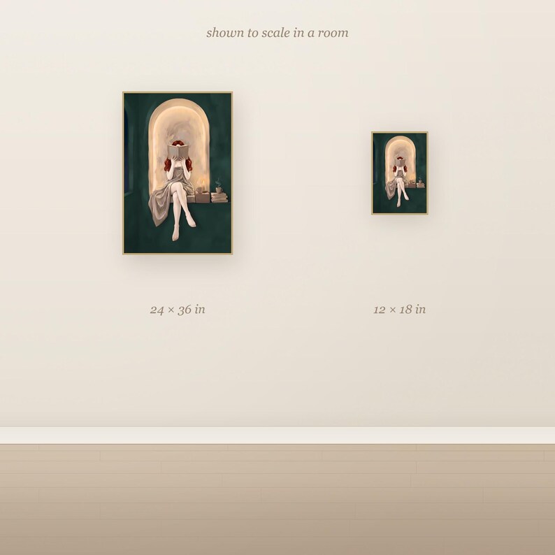 Scale comparison showing the red-haired woman reading in an emerald green arched nook art print at 24x36 inches next to 12x18 inches on a wall.