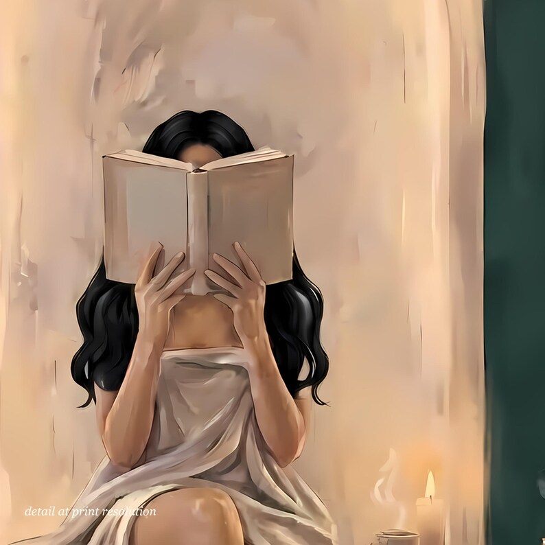 Close-up detail of the woman with long straight dark hair reading in an emerald green arched nook artwork showing brushwork and candlelight at full print resolution.