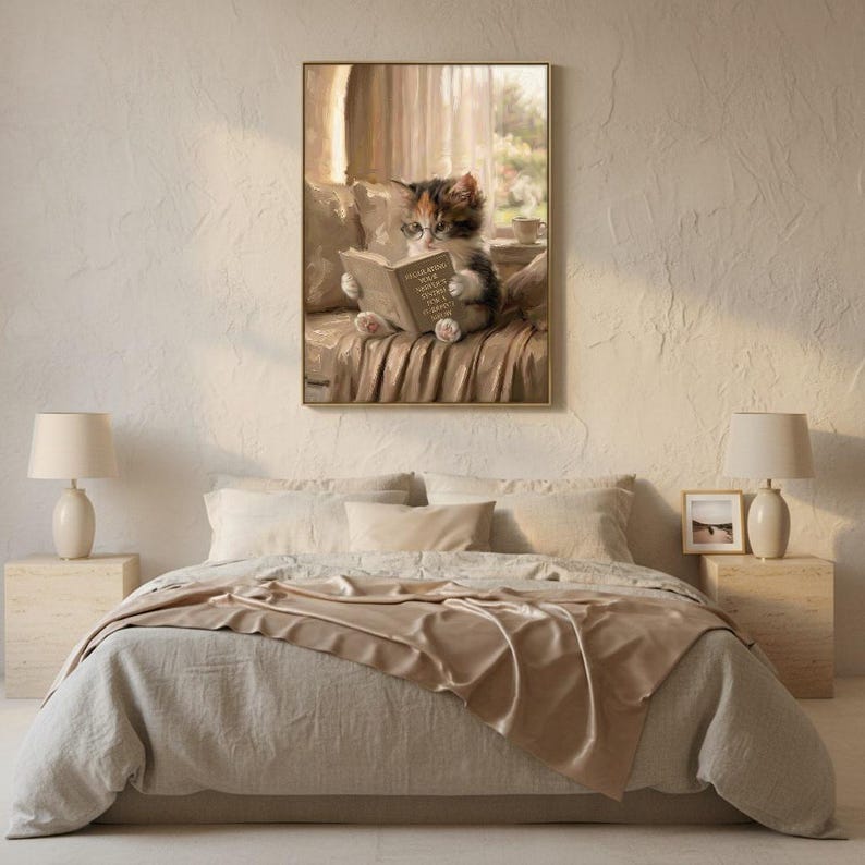 Calico kitten reading art print framed on a textured plaster bedroom wall above linen bedding in soft morning light