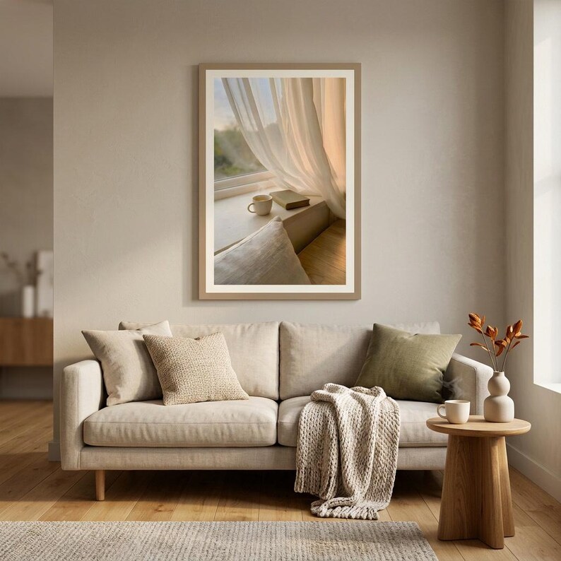 Window seat wall art print hanging above sofa, book and coffee on ledge with sheer curtains, Japandi living room decor, beige neutral sofa with pillows and knitted throw, slow living interior style, minimalist Scandinavian furniture, digital printable wall art