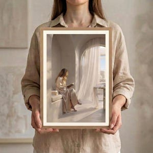 May include: A rectangular framed wall art print featuring a person with long hair wearing a light-colored robe, sitting on a built-in bench inside a room with arched architecture, reading a book near a window with sheer white curtains.