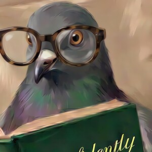 Close-up detail from Pigeon Reading Wall Art, a cropped fragment of the printable artwork: a pigeon in round tortoiseshell glasses looking up from a green clothbound book.