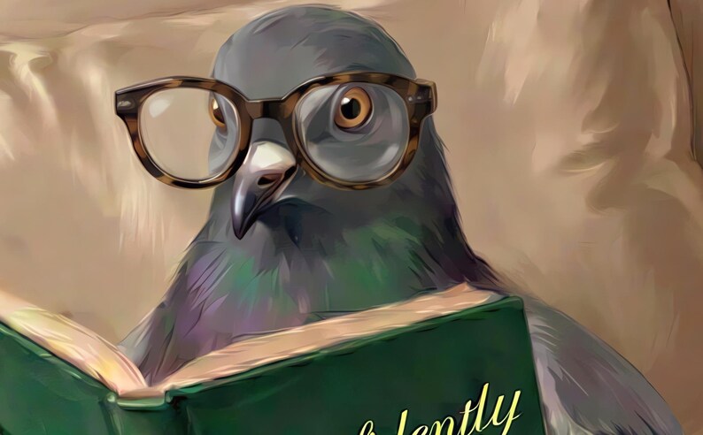 Close-up detail from Pigeon Reading Wall Art, a cropped fragment of the printable artwork: a pigeon in round tortoiseshell glasses looking up from a green clothbound book.