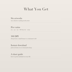 What You Get card listing six artworks, five ratios (2:3, 3:4, 4:5, ISO A5 to A1 and 11x14), instant download and a short how-to-print guide.