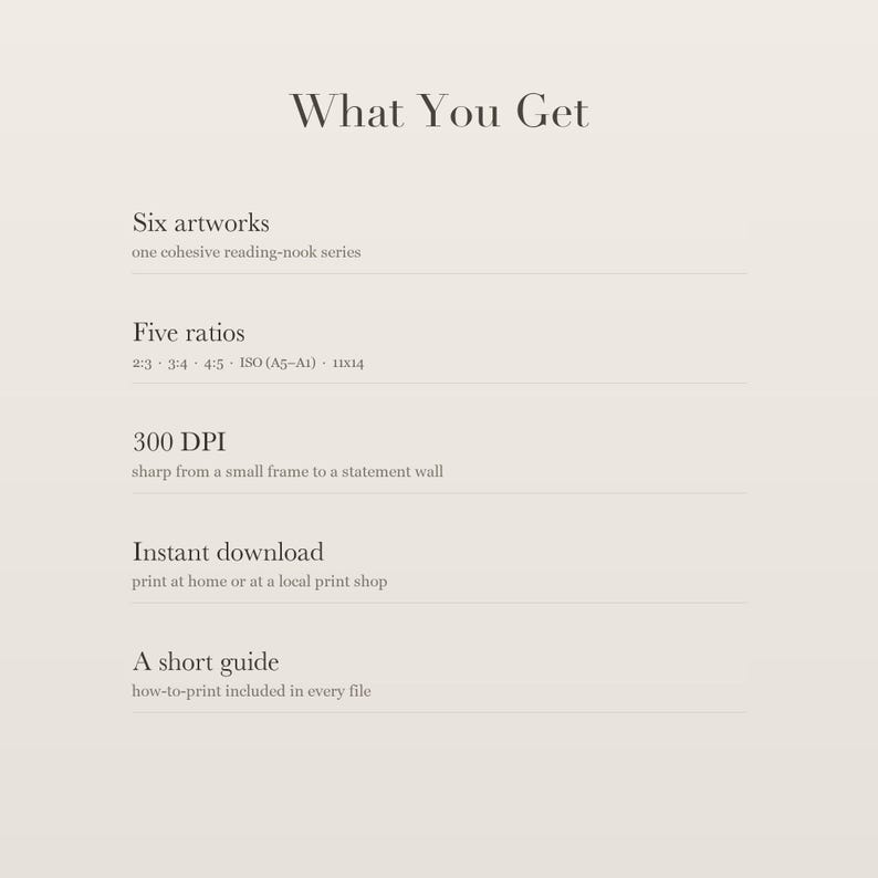 What You Get card listing six artworks, five ratios (2:3, 3:4, 4:5, ISO A5 to A1 and 11x14), instant download and a short how-to-print guide.