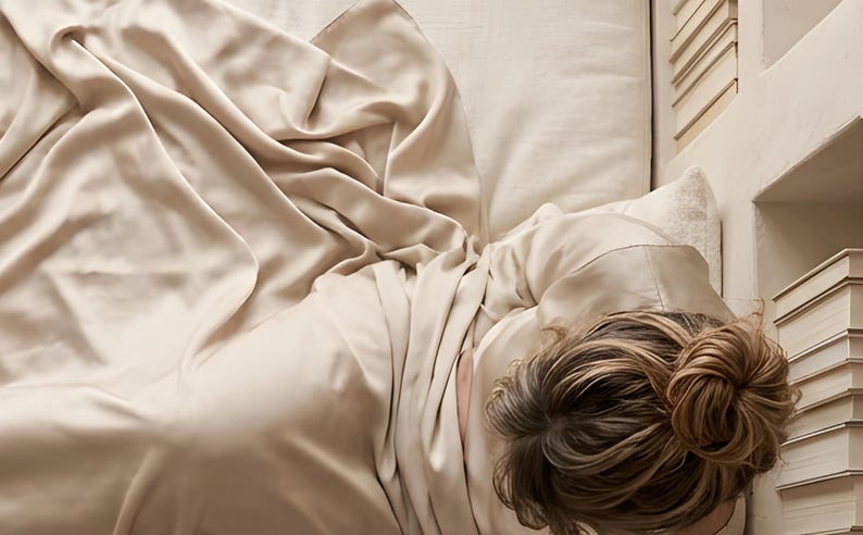 Close-up detail from Reading in Bed Wall Art, a cropped fragment of the printable artwork: rumpled silk and linen bedding and a loose low bun, seen from above.