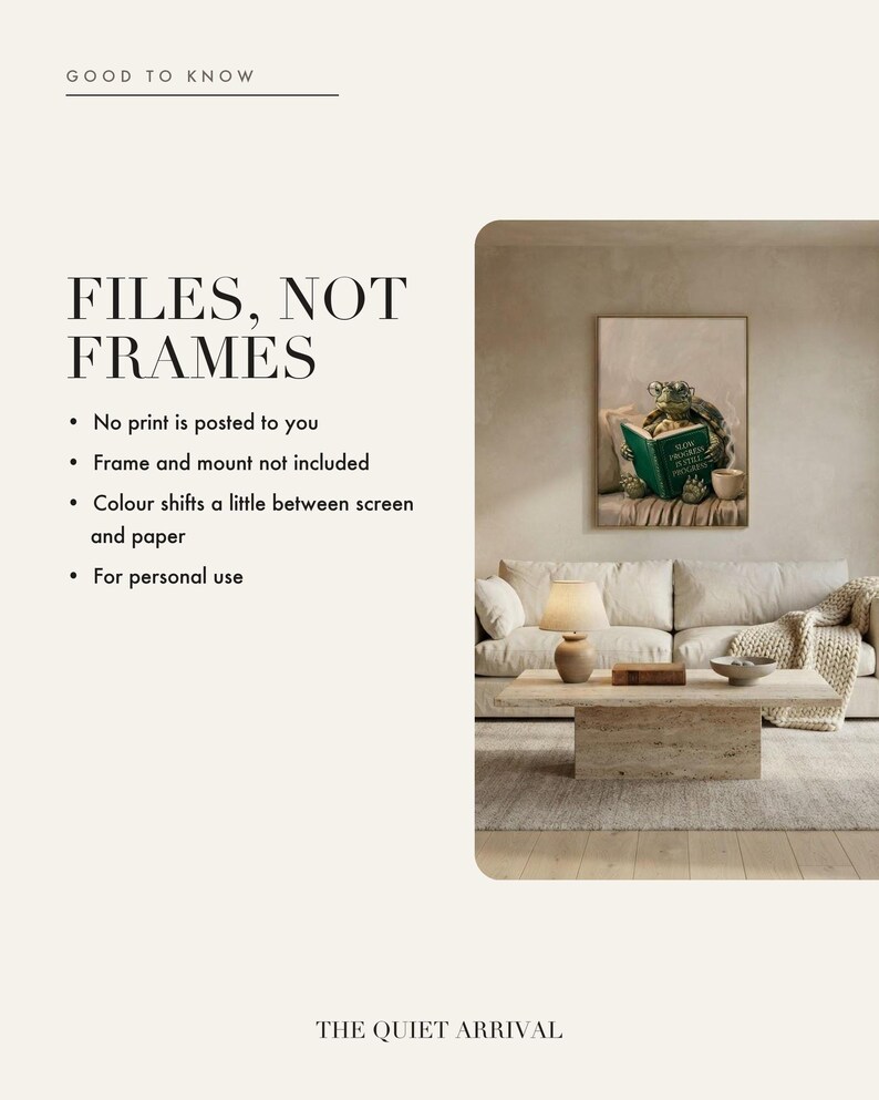 Digital download only. No physical tortoise reading print is posted, and the frame and mount shown in the mockups are not included