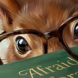Close-up detail of the squirrel peeking over books print showing the round glasses, the gold lettering on the top book Afraid to forage? take a deep breath first, and the paws