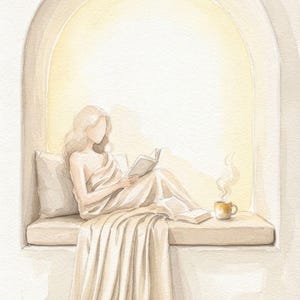 Vertical close-up of the woman reading in a quiet arched nook, neutral beige tones and soft plaster texture, no overlay text.