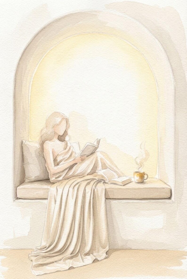 Vertical close-up of the woman reading in a quiet arched nook, neutral beige tones and soft plaster texture, no overlay text.
