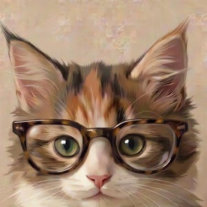 Close crop of the painted calico kitten's face, green eyes and round tortoiseshell glasses