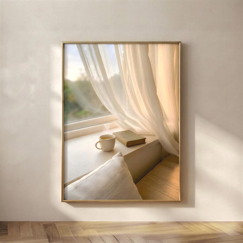 Serene window seat wall art with sheer curtains and morning light, open book and coffee cup, Japandi slow living print, cozy reading corner, neutral beige tones, digital downloadable home decor, calm minimalist interior