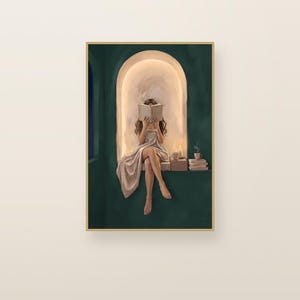 Woman with light brown hair reading in an emerald green arched nook. Emerald green printable wall art shown framed on a plain wall.