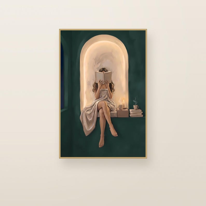 Woman with light brown hair reading in an emerald green arched nook. Emerald green printable wall art shown framed on a plain wall.