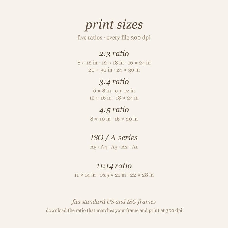May include: A digital information chart titled print sizes listing five ratios and ISO A-series formats. It details specific dimensions in inches for 2:3, 3:4, 4:5, and 11:14 ratios, noting compatibility with standard US and ISO frames.
