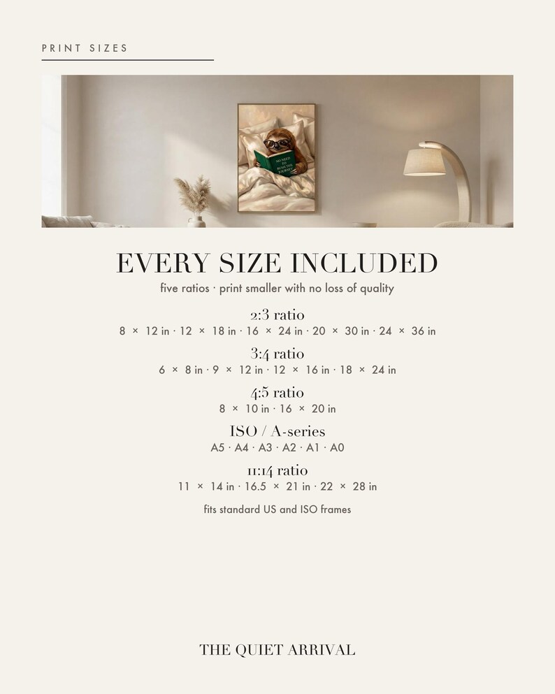Print size chart showing every included ratio and dimension for this digital wall art download