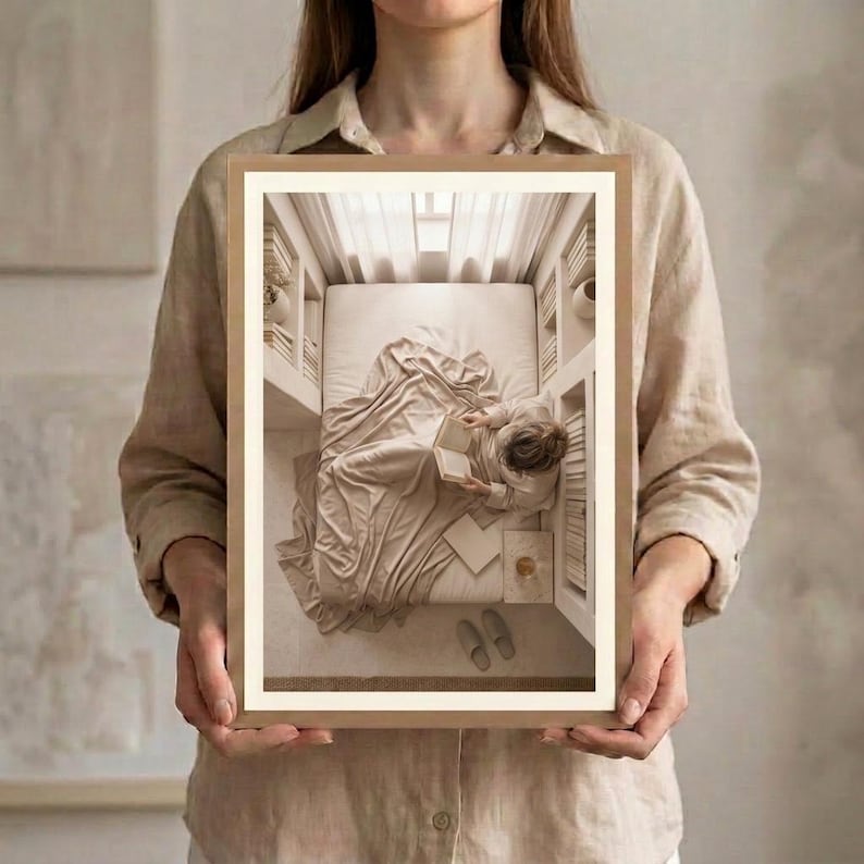 Reading in Bed Wall Art held in hands, full artwork scale mockup. neutral printable wall art, minimalist home decor, Japandi style, calm living room decor, slow living digital download.
