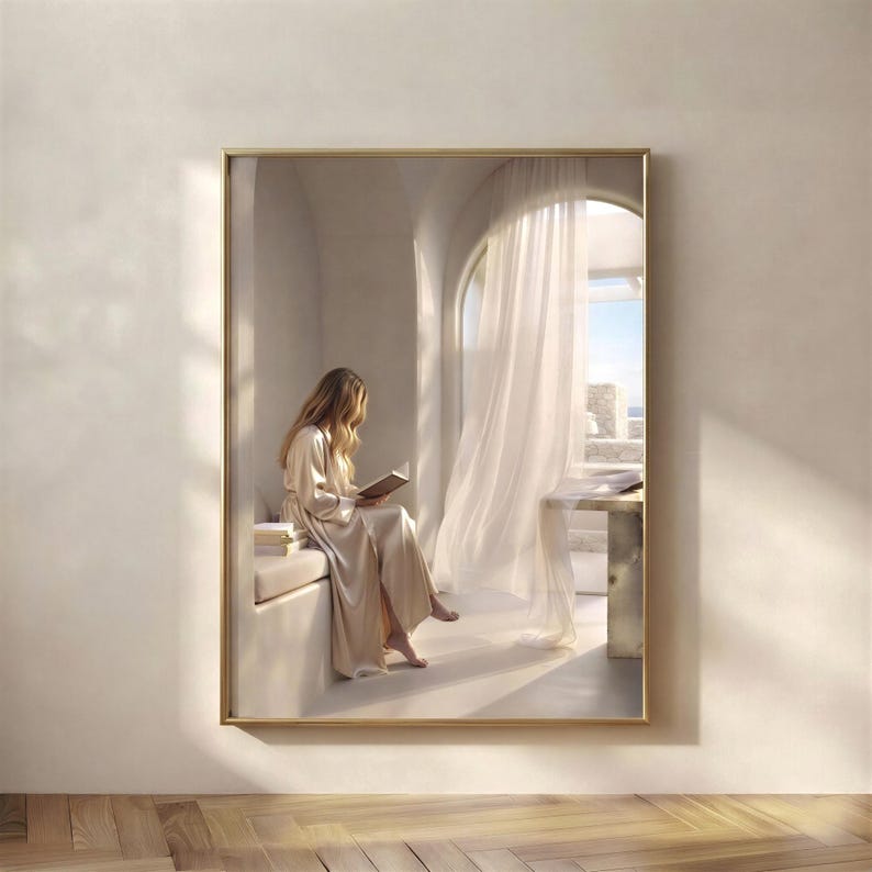 Framed print of a blonde woman reading on a bench by an arched window opening to bright daylight, hung on a warm plaster wall above a pale oak herringbone floor. neutral printable wall art, minimalist home decor, Japandi style, calm living room and bedroom decor, slow living digital download.