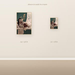 Scale comparison showing the Black woman with long braids reading on an emerald green window seat art print at two sizes on a wall.