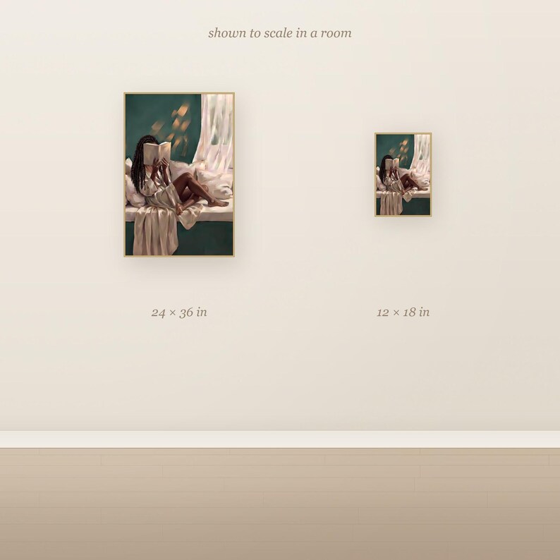 Scale comparison showing the Black woman with long braids reading on an emerald green window seat art print at two sizes on a wall.