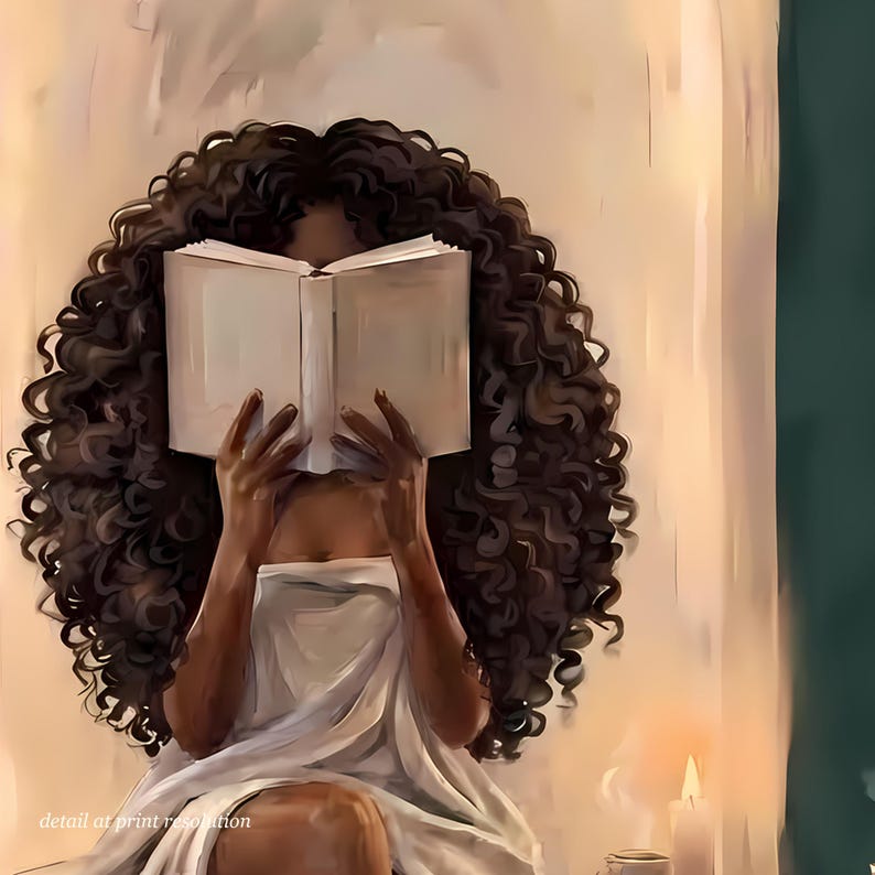 Close-up detail of the Black woman with voluminous curls reading in an emerald green arched nook artwork showing brushwork and candlelight at full print resolution.
