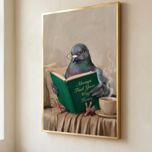 Close view of the pigeon print in a thin gold frame, the art filling the frame edge to edge