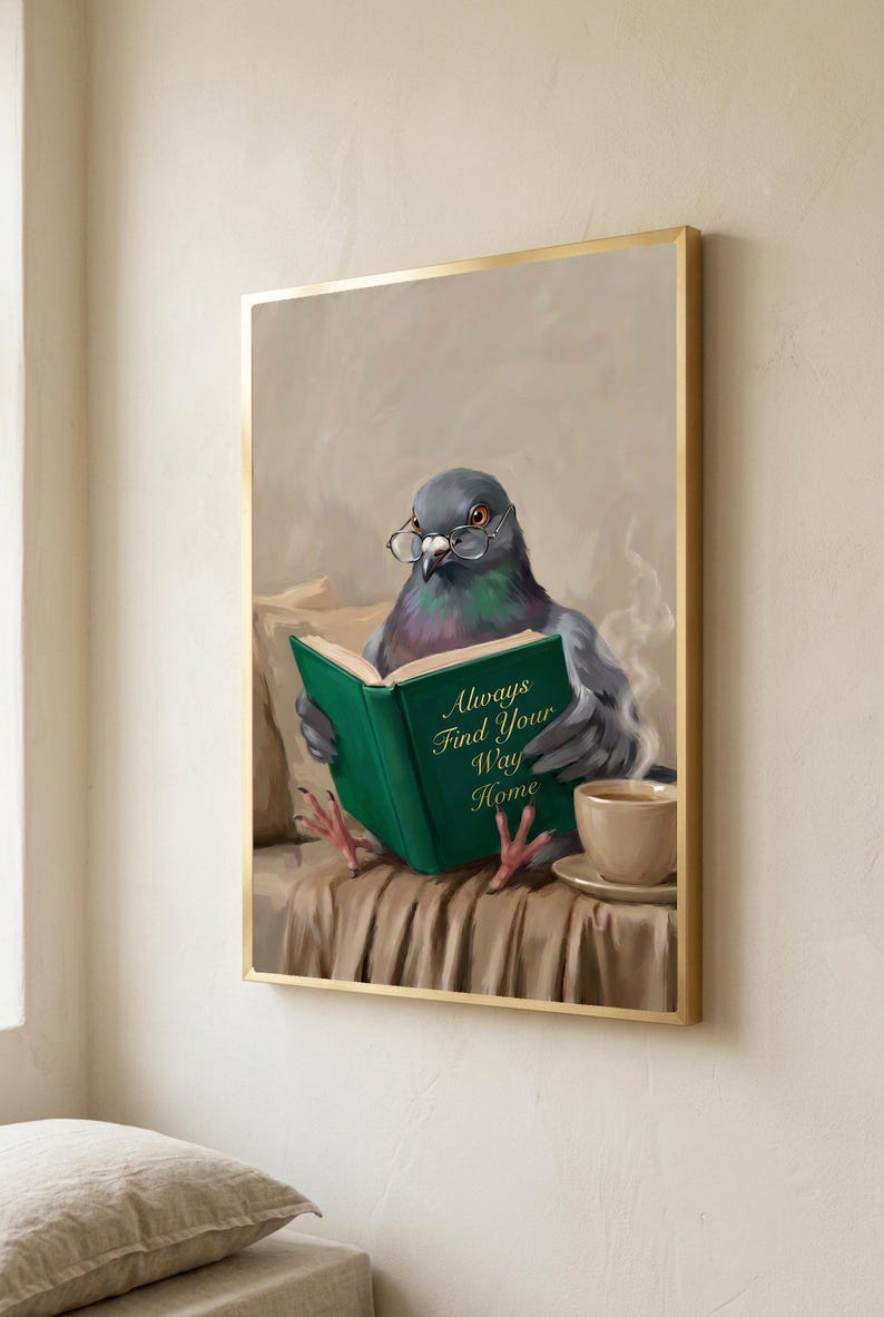 Close view of the pigeon print in a thin gold frame, the art filling the frame edge to edge