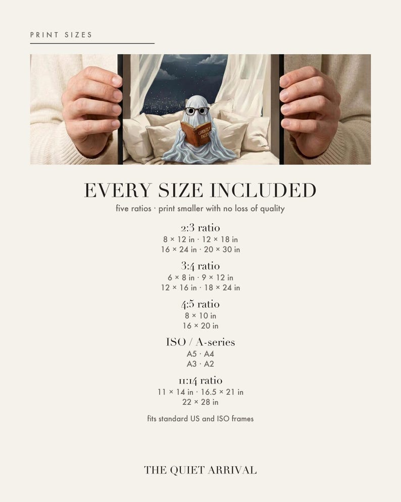 Size chart card listing every print size included for each aspect ratio in this download.
