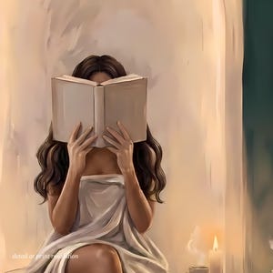 Close-up detail of the brunette woman reading in an emerald green arched nook artwork showing brushwork and candlelight at full print resolution.