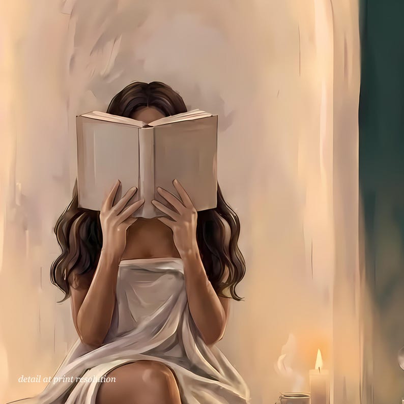 Close-up detail of the brunette woman reading in an emerald green arched nook artwork showing brushwork and candlelight at full print resolution.