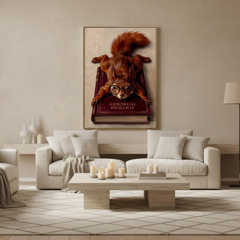 Wide view of a neutral living room with the Arboreal Biology squirrel print framed above a low sofa in soft daylight
