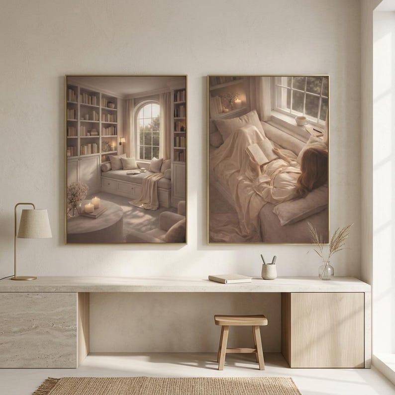 Two minimalist wall art prints in gold frames above a pale travertine desk with a wooden stool, brass lamp and jute rug. Beige wall art pair for a quiet home office or study corner.