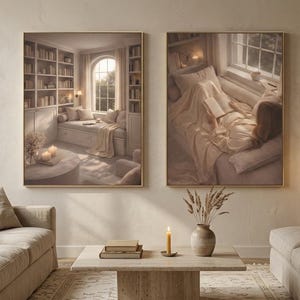 Two gold framed reading nook prints on a plaster wall between linen sofas, with a paper lantern lamp, travertine coffee table and stacked books. Minimalist wall art in a neutral living room.