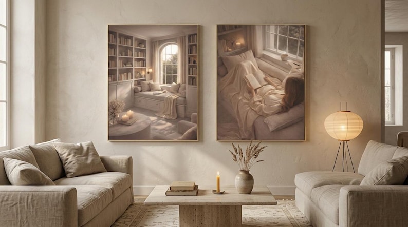 Two gold framed reading nook prints on a plaster wall between linen sofas, with a paper lantern lamp, travertine coffee table and stacked books. Minimalist wall art in a neutral living room.