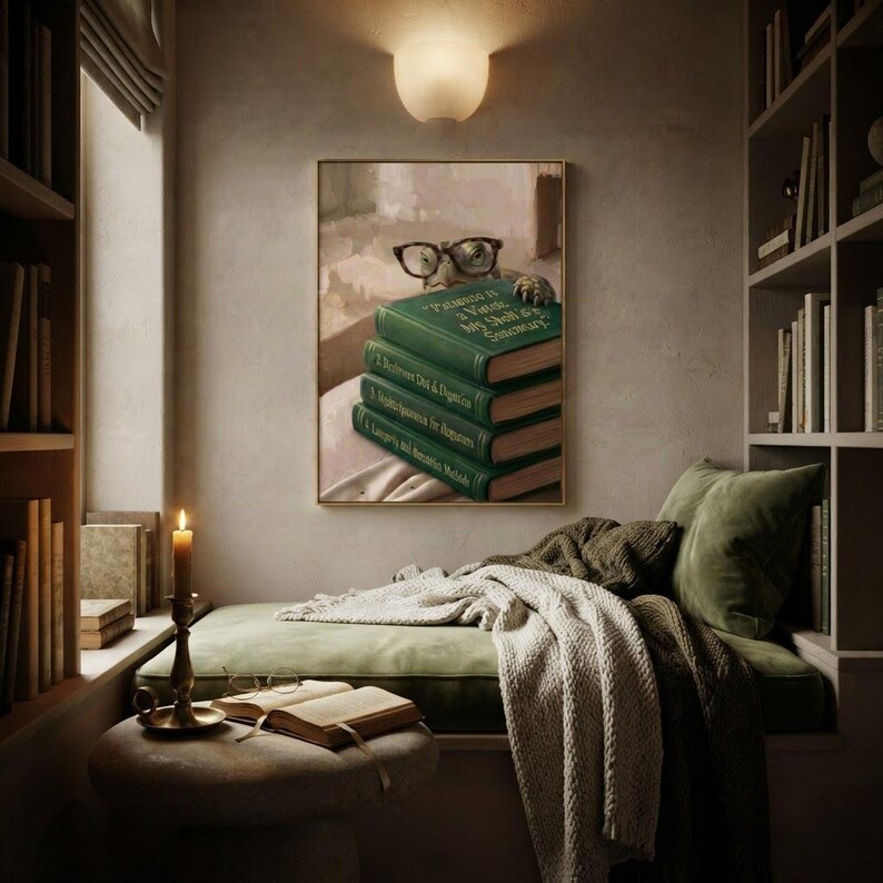 Framed turtle peeking over books print in a quiet reading corner beside a low sofa and a small lamp