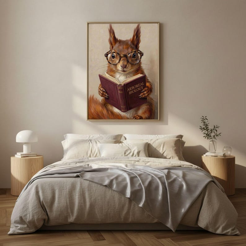 Painterly print of a red squirrel in round tortoiseshell glasses reading a wine-red book framed on a textured plaster bedroom wall above linen bedding in soft morning light