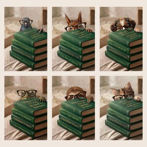 All six artworks shown together on a cream ground - cat, dog, sloth, squirrel, pigeon and turtle, each in round glasses behind a stack of green books.