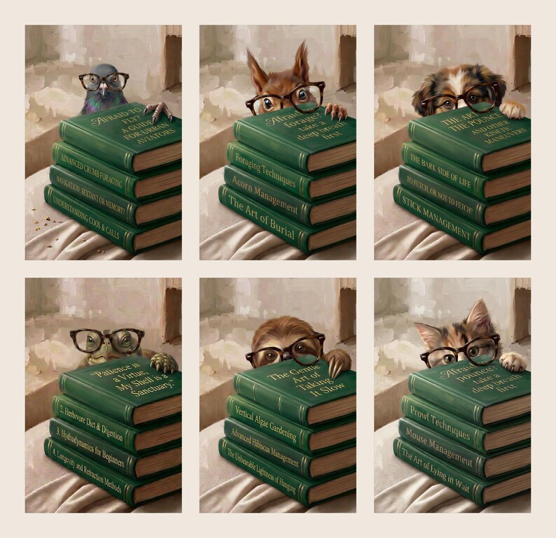 All six artworks shown together on a cream ground - cat, dog, sloth, squirrel, pigeon and turtle, each in round glasses behind a stack of green books.