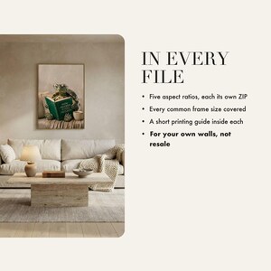 What is included in the instant download of the tortoise reading print: five aspect ratios, each supplied as its own zip with a short printing guide inside