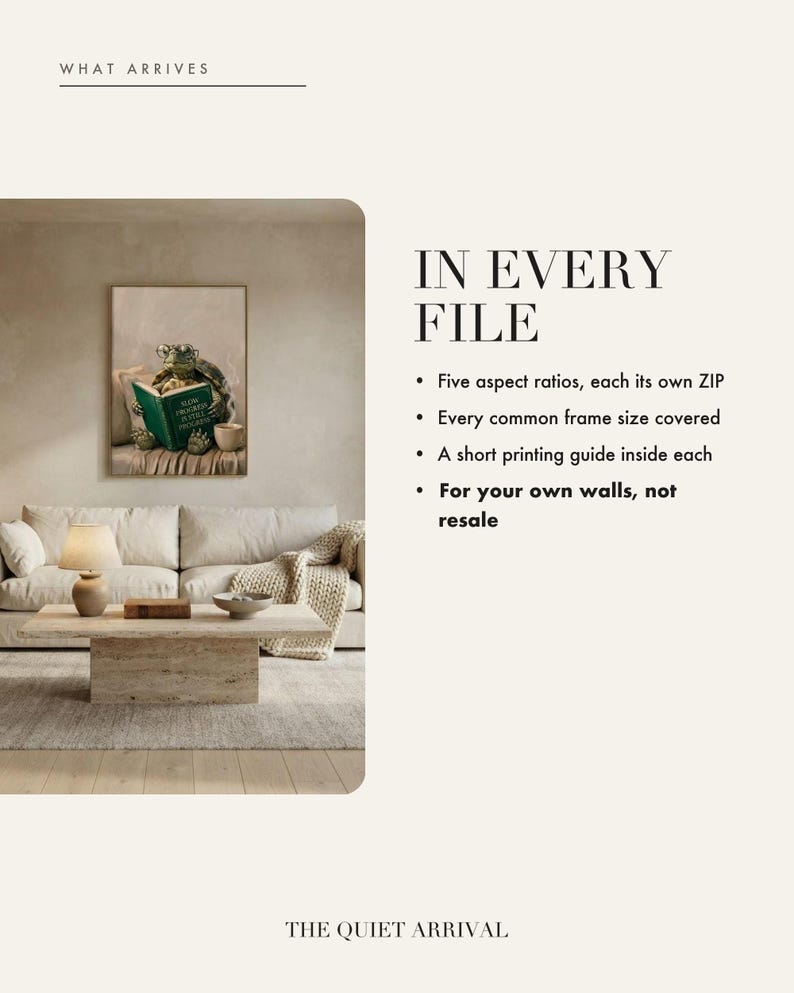 What is included in the instant download of the tortoise reading print: five aspect ratios, each supplied as its own zip with a short printing guide inside