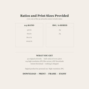 Ratios and print sizes provided: 2 to 3 ratio at 4x6, 6x9, 8x12 and 10x15 inches, and ISO A-series at A5 and A4. Every one of the 52 artworks comes in both ratios, 104 high-resolution JPG files across 5 zip downloads, instant download and nothing shipped.