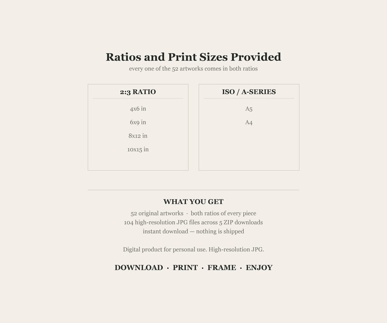 Ratios and print sizes provided: 2 to 3 ratio at 4x6, 6x9, 8x12 and 10x15 inches, and ISO A-series at A5 and A4. Every one of the 52 artworks comes in both ratios, 104 high-resolution JPG files across 5 zip downloads, instant download and nothing shipped.