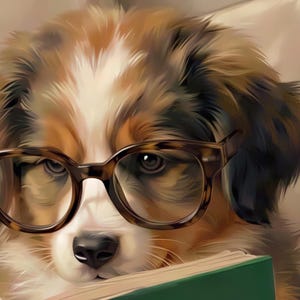 Close-up detail from Dog Reading Wall Art, a cropped fragment of the printable artwork showing the painted texture, soft light and colour up close.